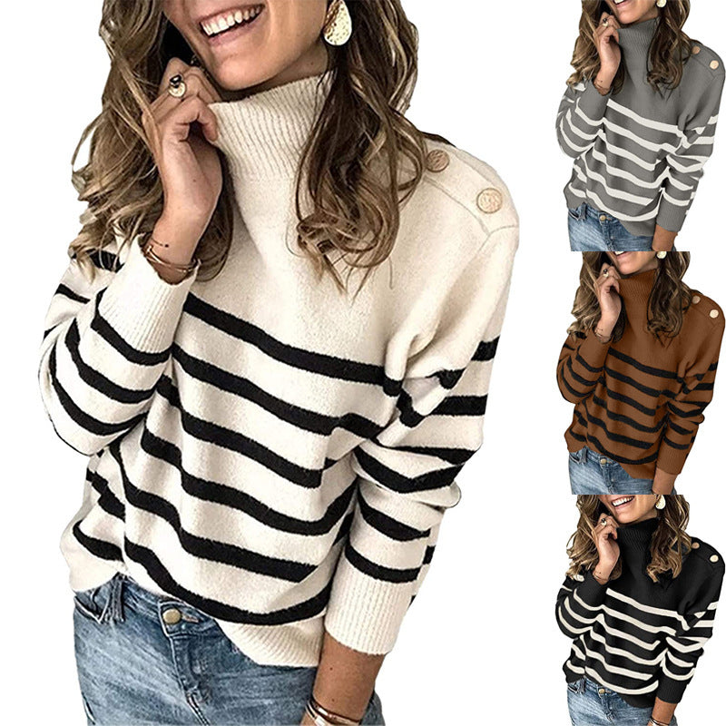 Damen Hochgeschlossen Pullover mit Streifenmuster und dekorativen Knöpfen EB