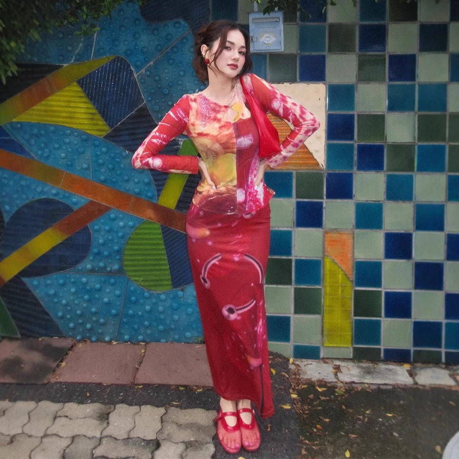 Damen Maxikleid mit kreativem Grafikdruck und langen Ärmeln EB