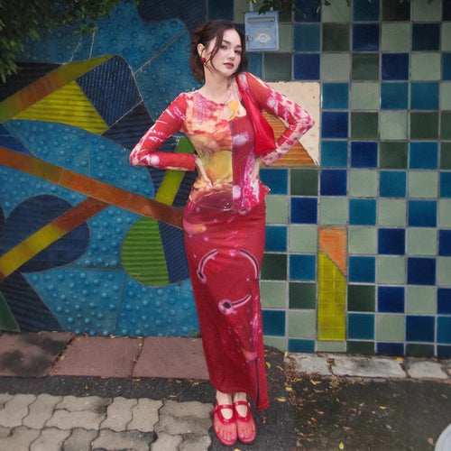 Damen Maxikleid mit kreativem Grafikdruck und langen Ärmeln EB