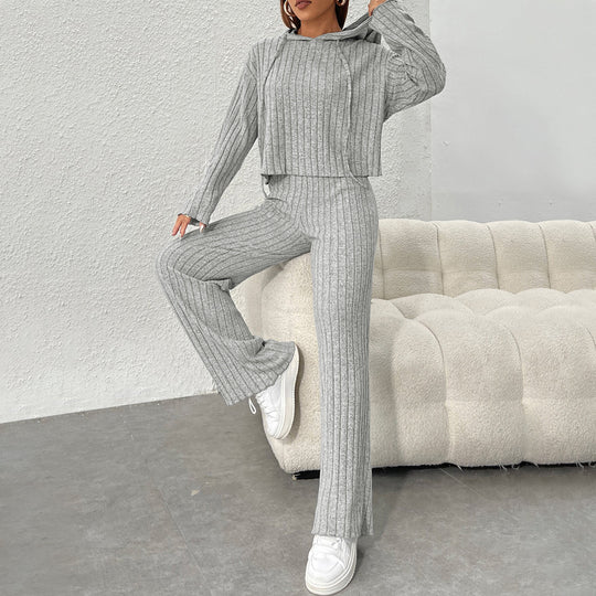 Damen geripptes Lounge-Set mit Kapuzenpullover und weiter Highwaist-Hose Eichborn Berlin