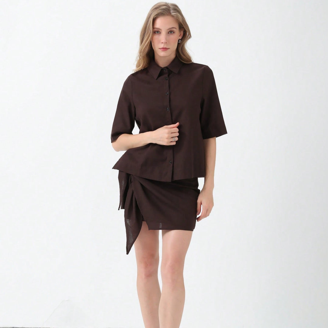 Damen stylisches Kurzarm-Kleid mit Wickelrock EB