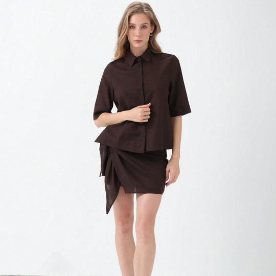 Damen stylisches Kurzarm-Kleid mit Wickelrock EB