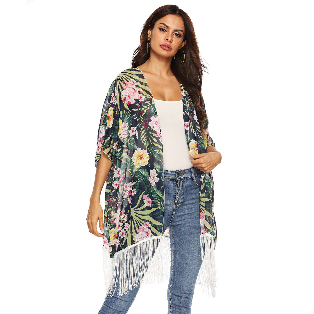 Damen Kimono mit floralem Design und Fransen EB