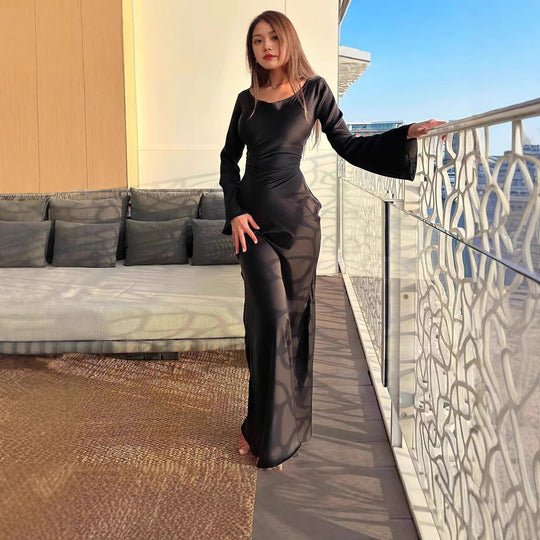 Damen Elegantes Maxikleid mit großzügigen Volantärmeln und tailliertem Schnitt EB
