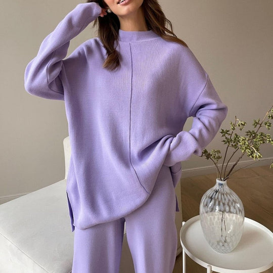 Damen Lässiges Strickensemble mit weitem Schnitt und hohem Kragen EB