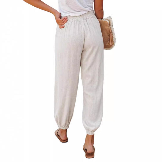 Damen lässige Leinen-Hose mit elastischem Bund und Gummizug EB