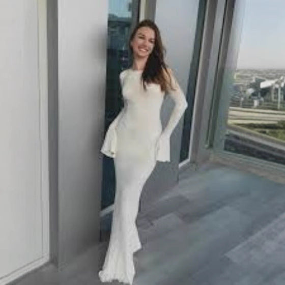 Damen figurbetontes Langkleid mit schickem Muschel-Design und elegantem Ärmelabschluss EB