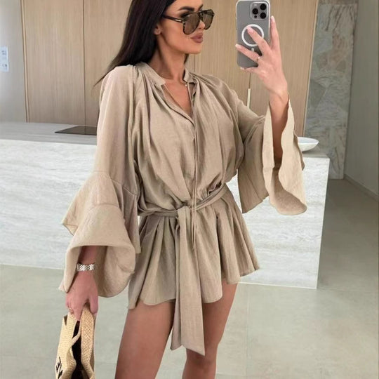 Damen lässiges Kaftan-Kleid mit voluminösen Ärmeln und Taillengürtel EB