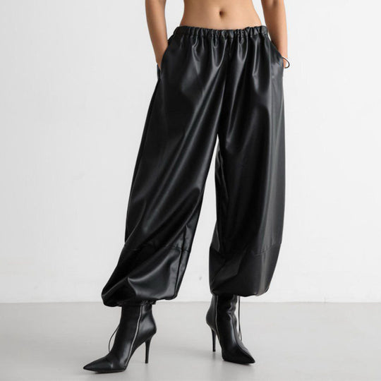Damen Modische Kunstlederhose mit elastischem Bund EB