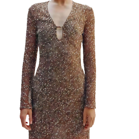 Damen Glamouröses Paillettenkleid mit tiefem V-Ausschnitt und langen Ärmeln EB