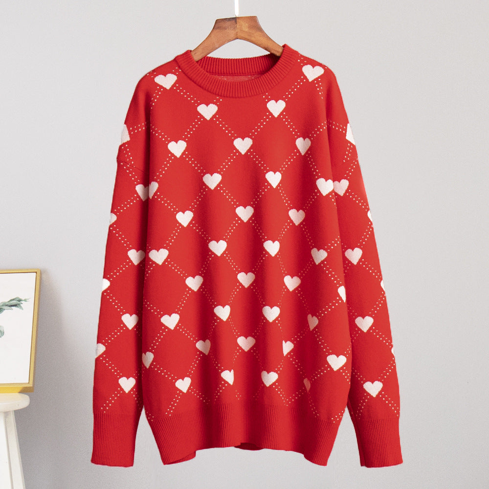 Damen Gemusterter Strickpullover mit Herzmotiv und lässigem Schnitt EB