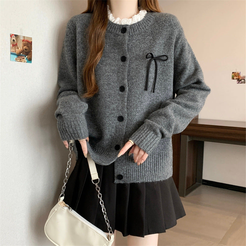 Damen Strickcardigan mit dekorativen Knöpfen und Schleifenakzent EB