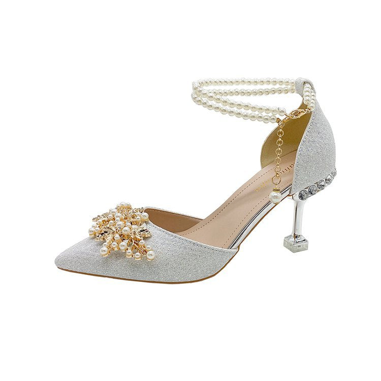 Damen elegante Pumps mit Perlenschmuck und glitzerndem Absatz EB