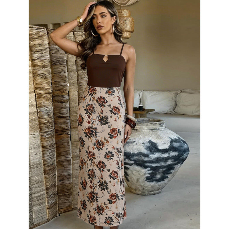 Damen Maxi-Kleid mit modischem Blumenmuster und schmalen Spaghettiträgern EB