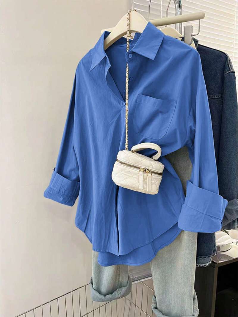 Damen nan oversized Hemdbluse mit Brusttasche, umgeschlagenen Ärmeln und relaxed Fit EB