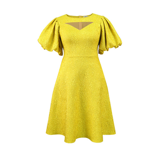 Damen Midi-Kleid mit voluminösen Puffärmeln und dekorativem Ausschnitt EB