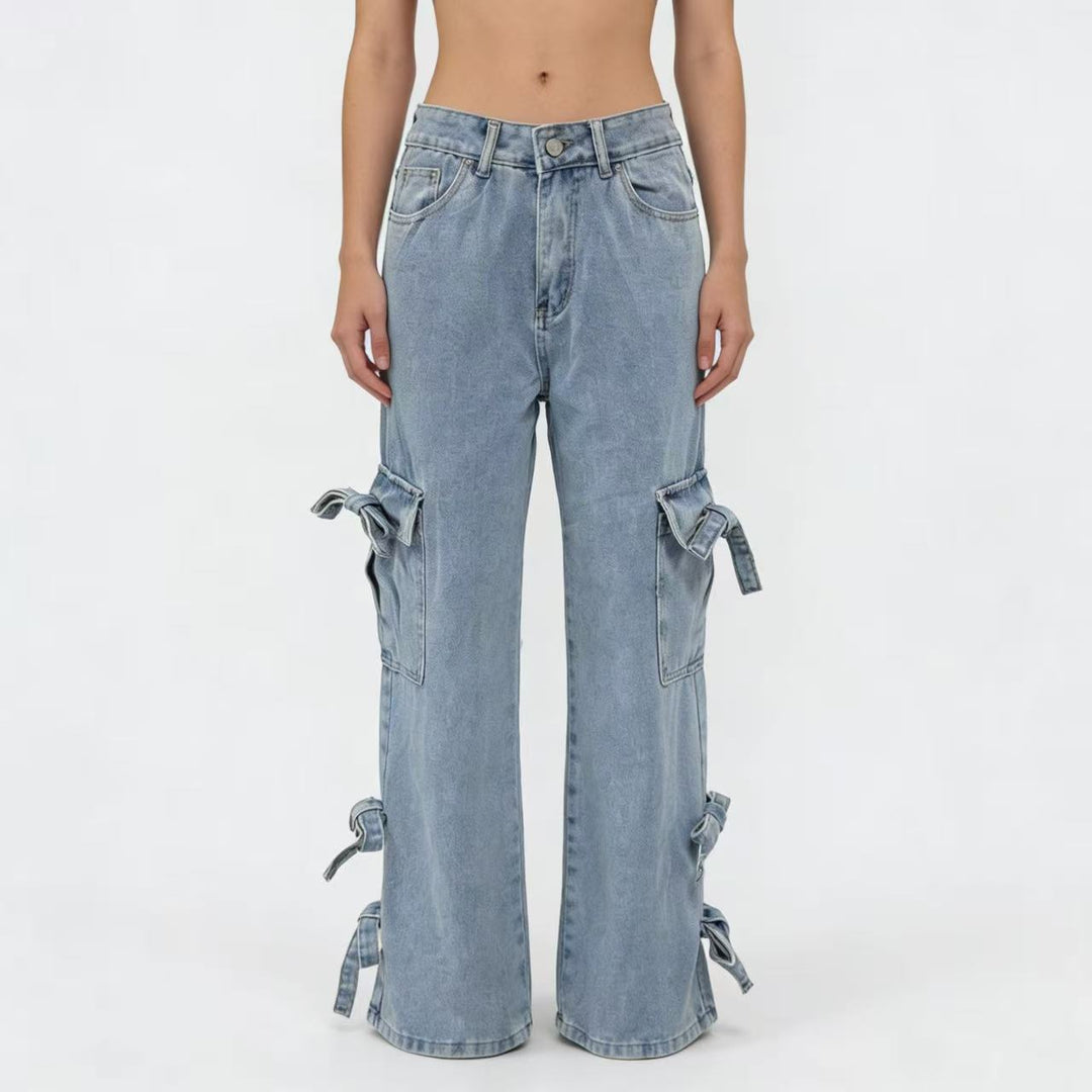 Damen Weite Cargo-Jeans mit Bindebändern