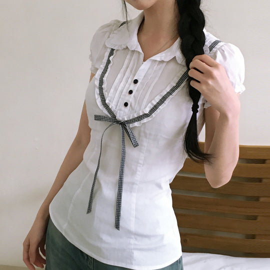 Damenbluse mit Rüschendetails und kontrastierendem Halsband EB