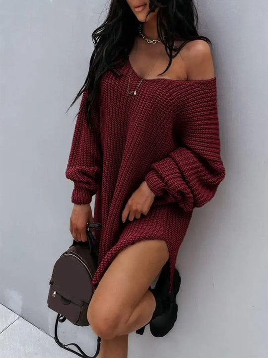 Damen lässiger Strickpullover mit tiefem V-Ausschnitt und ballonförmigen Ärmeln EB