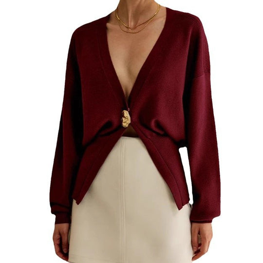 Damen Eleganter und lässiger Cardigan mit tiefem Ausschnitt und Schmuckknopf EB