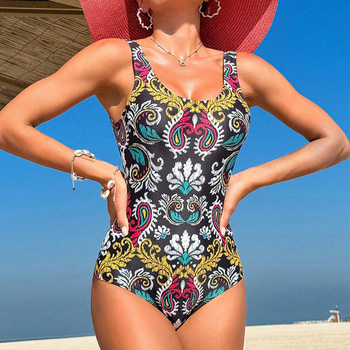 Damen Einteiler Badeanzug mit buntem Paisleydesign EB