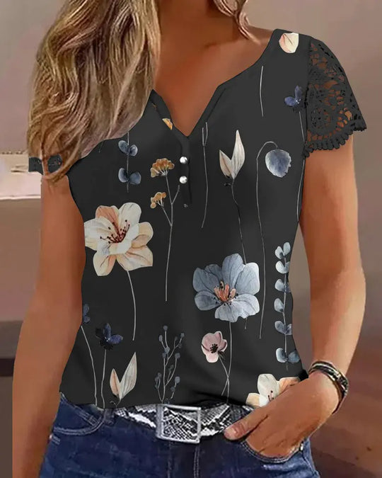 Damen Kurzarmbluse mit Spitze und floralen Akzenten EB