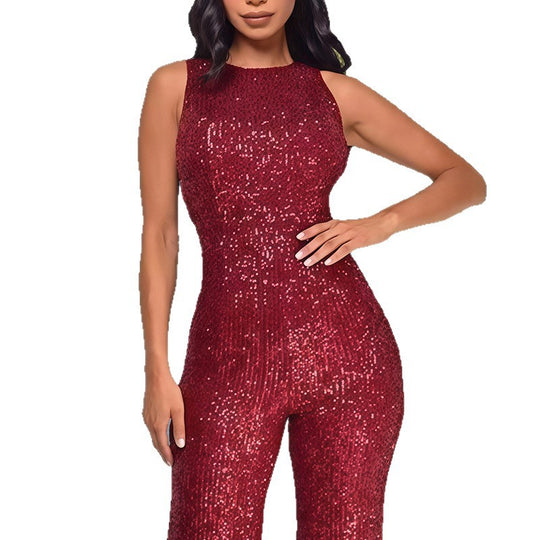 Damen Glamouröses Jumpsuit mit Paillettenbesatz und figurbetonter Silhouette EB