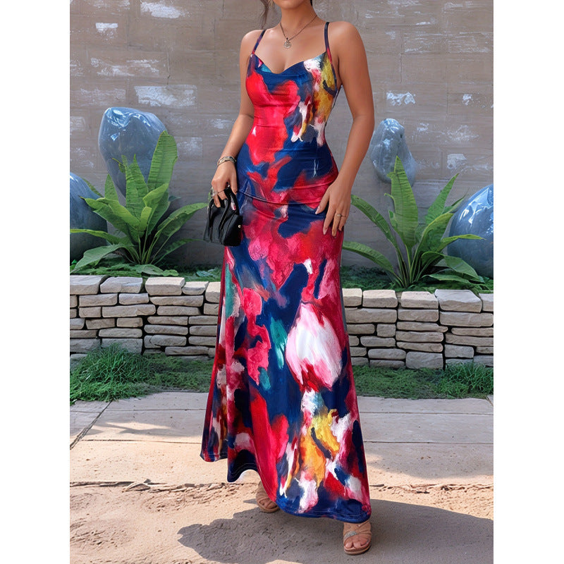 Damen Maxikleid mit floralem Aquarelldruck und schmalen Spaghetti-Trägern EB