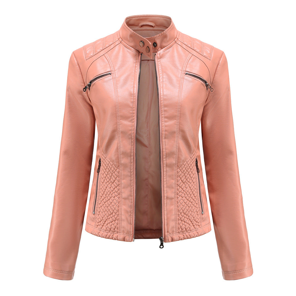 Damen nan taillierte Bikerjacke aus Kunstleder mit Stepppaneelen und Stehkragen EB