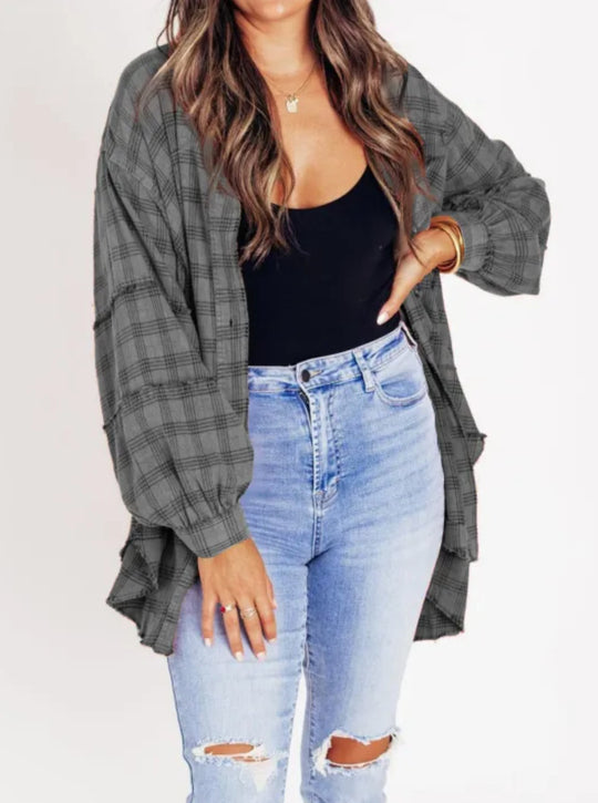 Damen nan oversized Karo-Überhemd mit Fransenbesatz, Brusttaschen und lockerer Passform EB