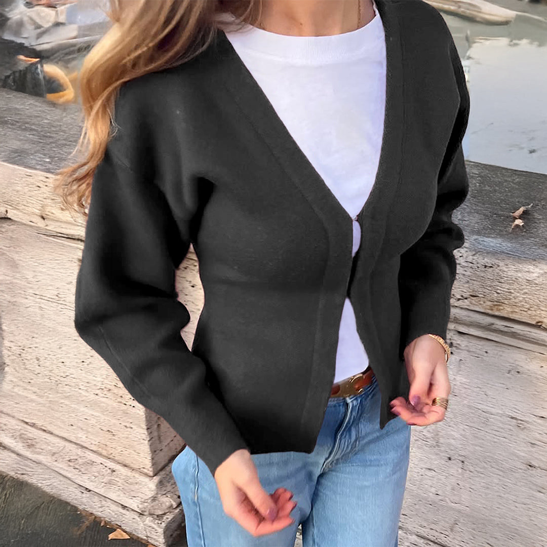 Damen nan taillierte Strickjacke mit V-Ausschnitt, Puffärmeln und seitlichen Schlitzen EB