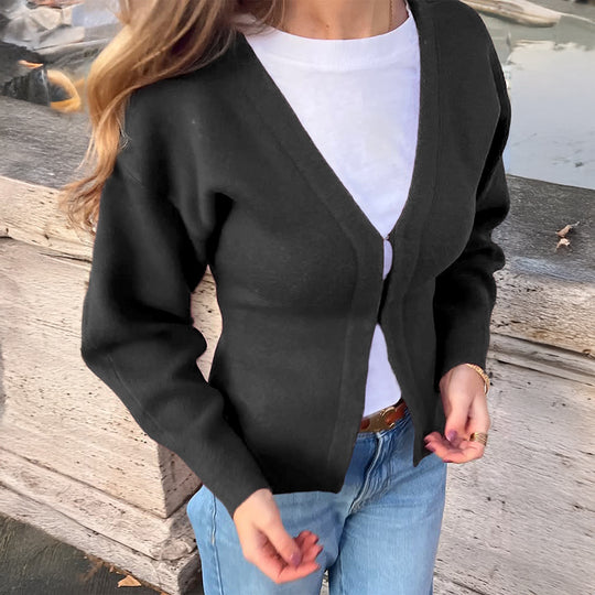 Damen nan taillierte Strickjacke mit V-Ausschnitt, Puffärmeln und seitlichen Schlitzen EB