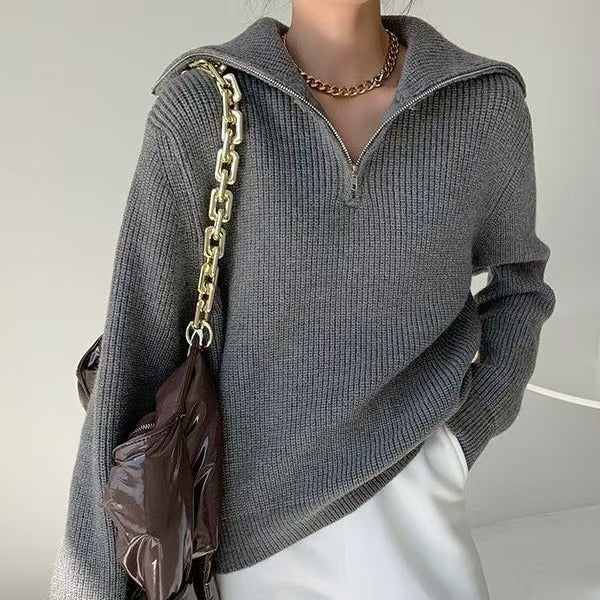 Damen Leichter Strickpullover mit hohem Kragen und Reißverschluss EB