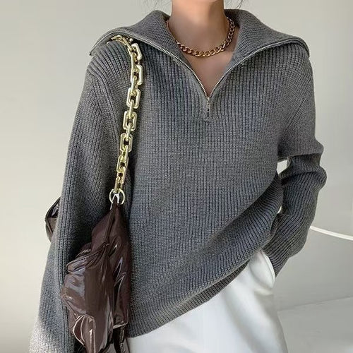 Damen Leichter Strickpullover mit hohem Kragen und Reißverschluss EB