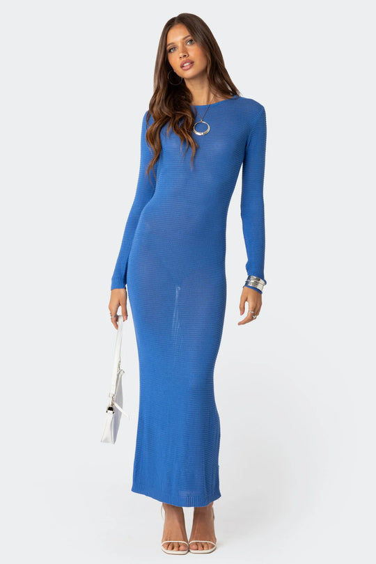 Damen elegantes Strick-Maxikleid mit Schnittdetails und stilvollem Ärmel EB