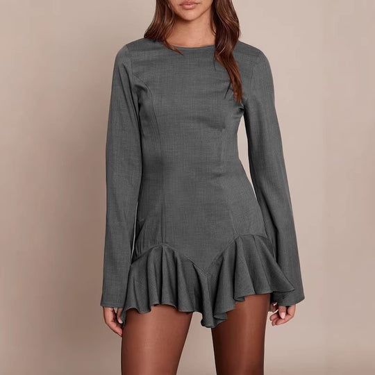 Damen Figurbetontes Langarm-Minikleid mit taillierten Nähten und Volant-Saum EB