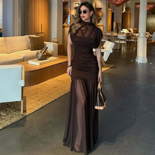 Damen Maxi-Kleid mit transparenten Puffärmeln und elegantem Raffungseffekt EB