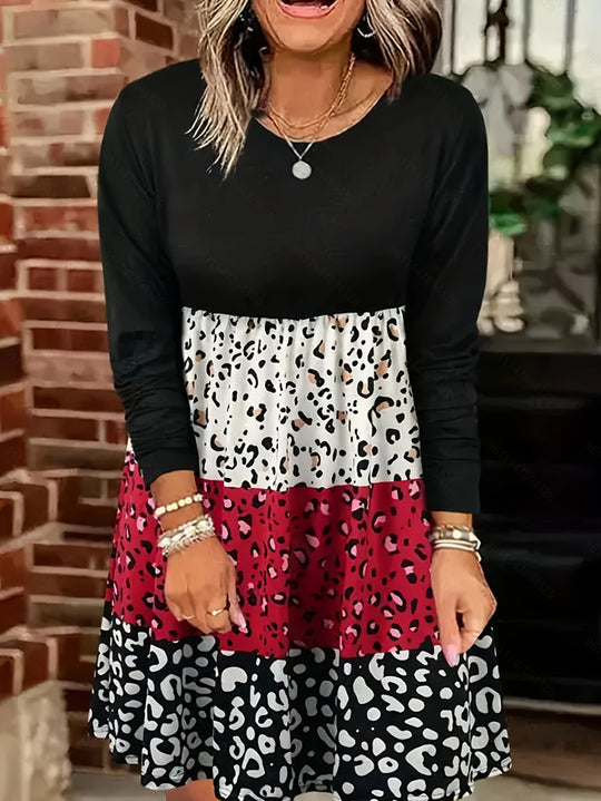 Damen Freizeitkleid mit bunten Tiermuster-Abschnitten und langen Ärmeln Heidi-Mode