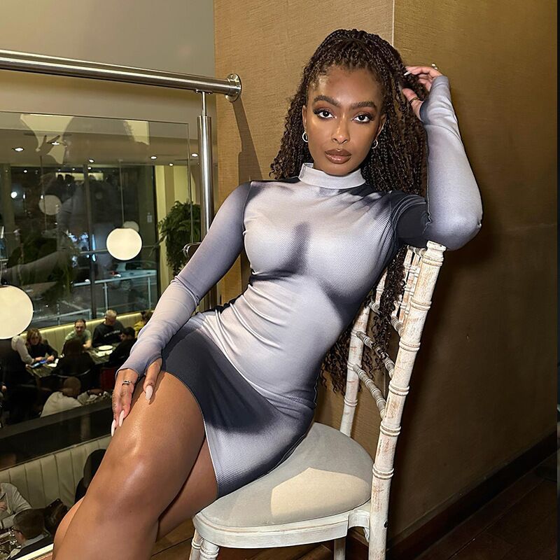 Damen figurbetontes Langarmkleid mit Stehkragen EB