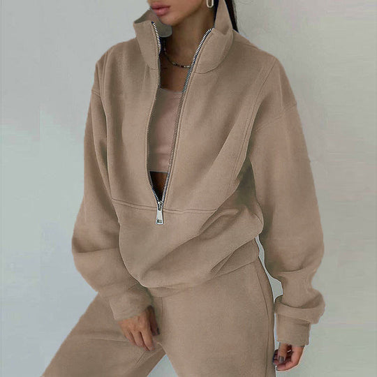 Damen nan Oversize Halbzip-Sweatshirt mit hohem Stehkragen und verdeckter Kängurutasche EB