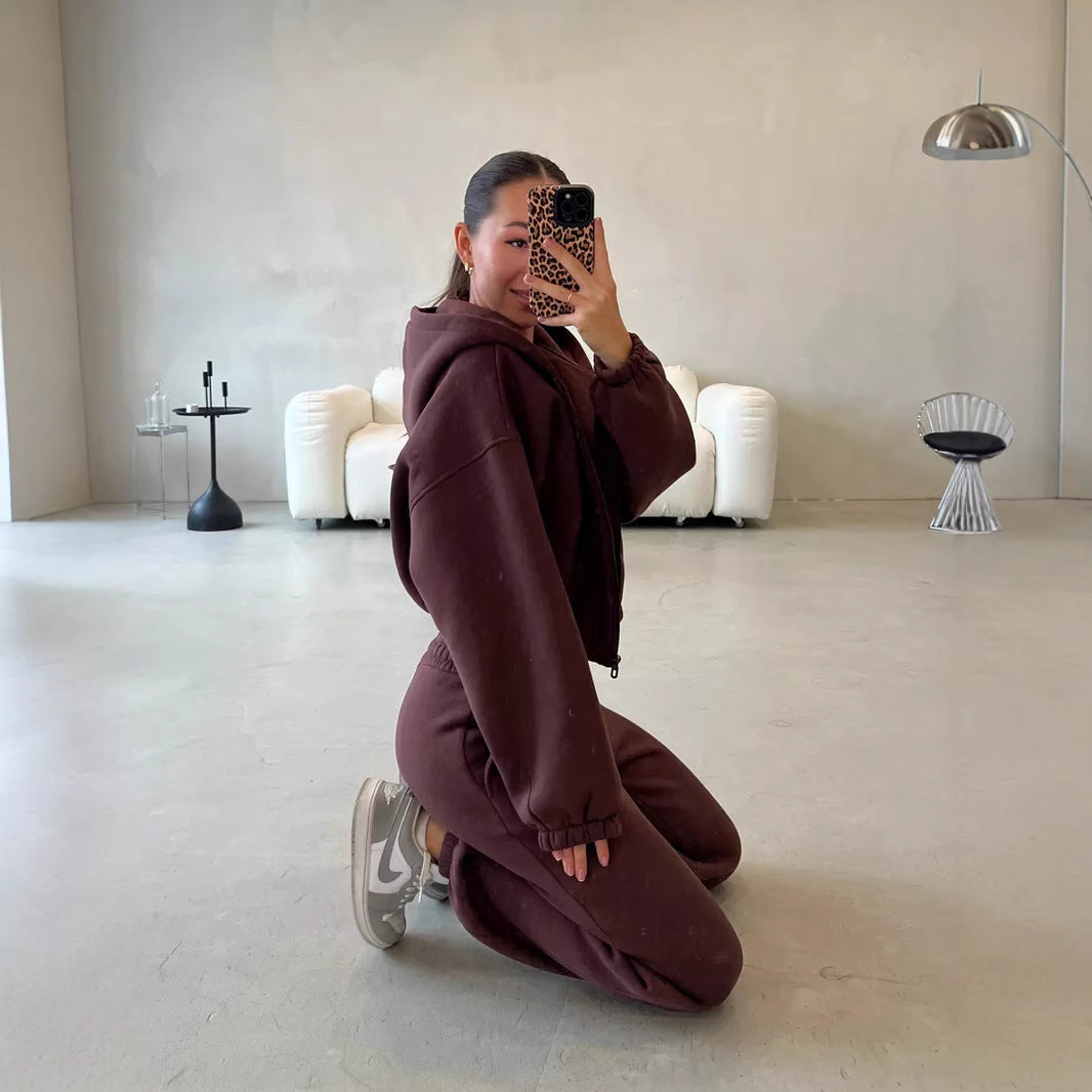 Damen Lounge-Set Cropped-Zip-Hoodie mit Oversize-Ärmeln und High-Waist Palazzo-Jogger EB