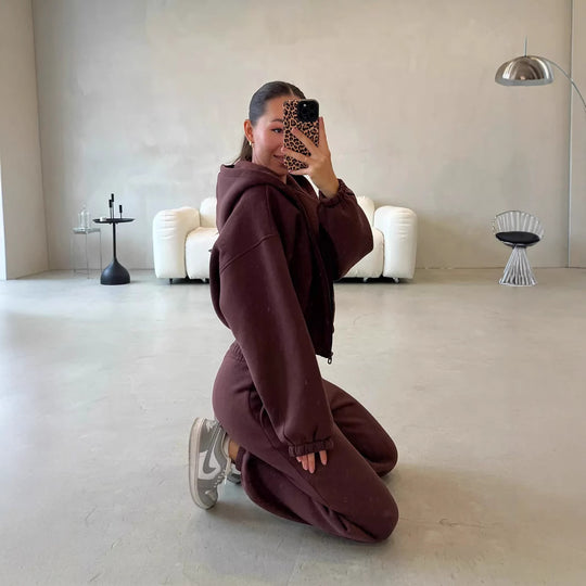 Damen Lounge-Set Cropped-Zip-Hoodie mit Oversize-Ärmeln und High-Waist Palazzo-Jogger EB