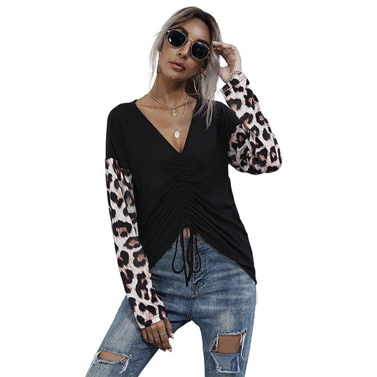 Damen V-Ausschnitt Bluse mit Raffung und modischen Tiermusterärmel EB