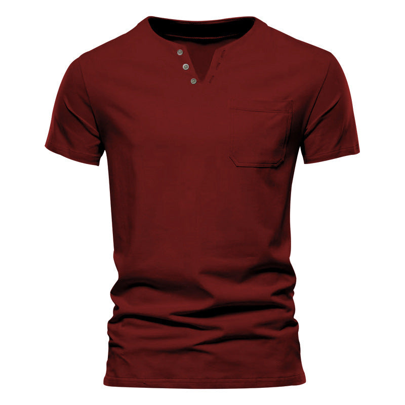 Herren nan tailliertes Kurzarm-Henleyshirt mit Brusttasche und asymmetrischer Knopfleiste EB