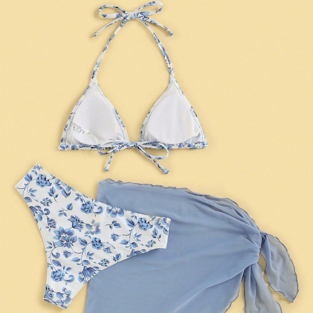 Damen Triangel-Bikini-Set mit romantischem Blumenmuster und eleganter Pareo EB