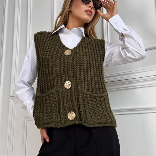 Damen Grobgestrickte Cropped Weste mit V-Ausschnitt und goldenen Zierknöpfen EB