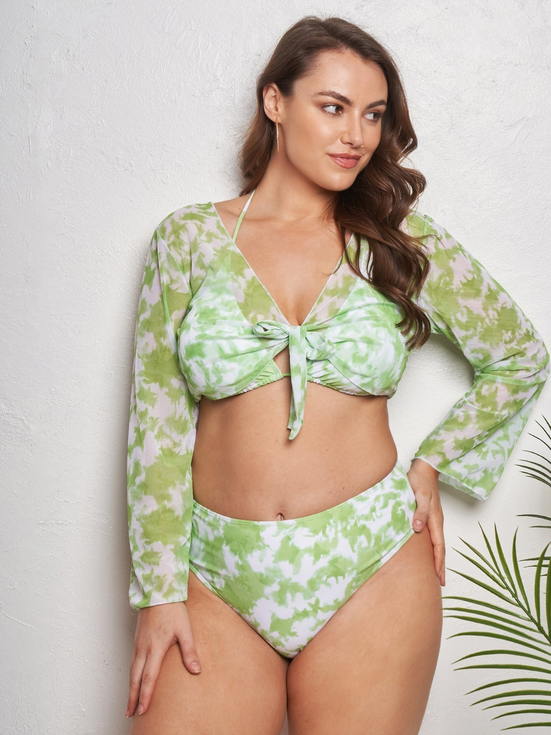 Damen Crop Top Bikini-Set mit langärmligem Oberteil und hochgeschnittenem Höschen EB