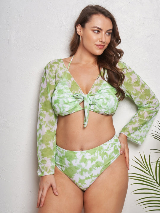 Damen Crop Top Bikini-Set mit langärmligem Oberteil und hochgeschnittenem Höschen EB