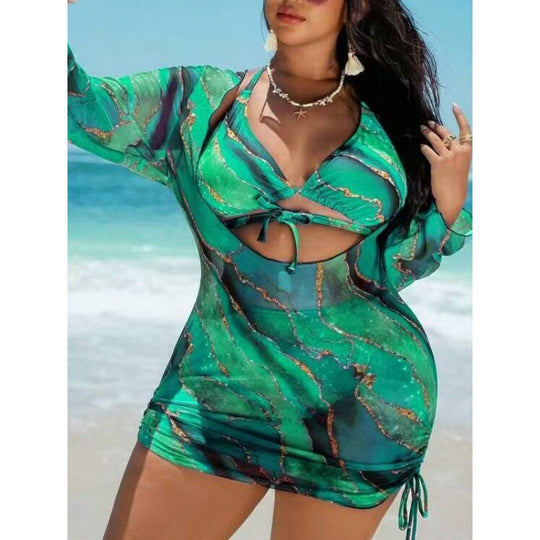 Damen Strandkleid mit transparenten Einsätzen und modischem Wickel-Design EB