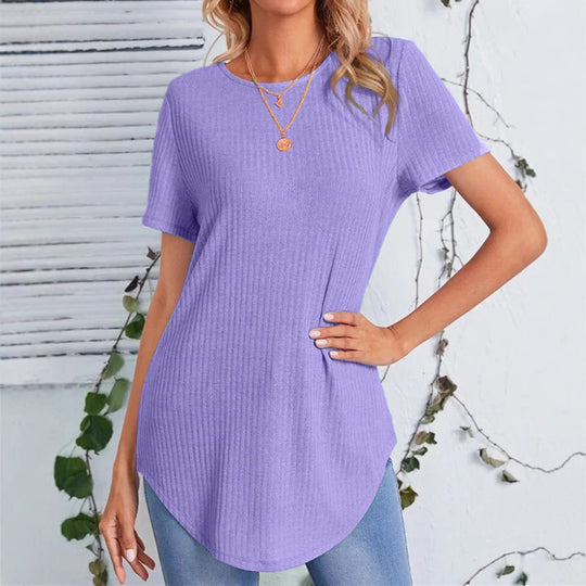 Damen lässiges Strickoberteil mit verlängertem Schnitt und Rundhalsausschnitt EB